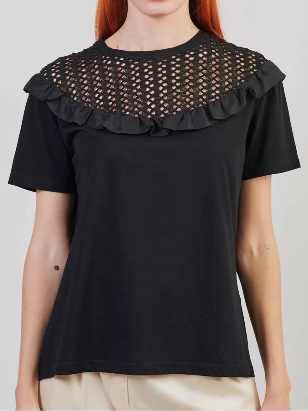 Sandro Black Short Sleeve Top with Crochet Yoke and Ruffle- cotton